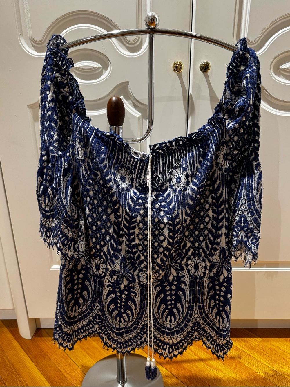 Red Carter Navy Blue & White Off-Shoulder Embroidered Blouse - Size M
